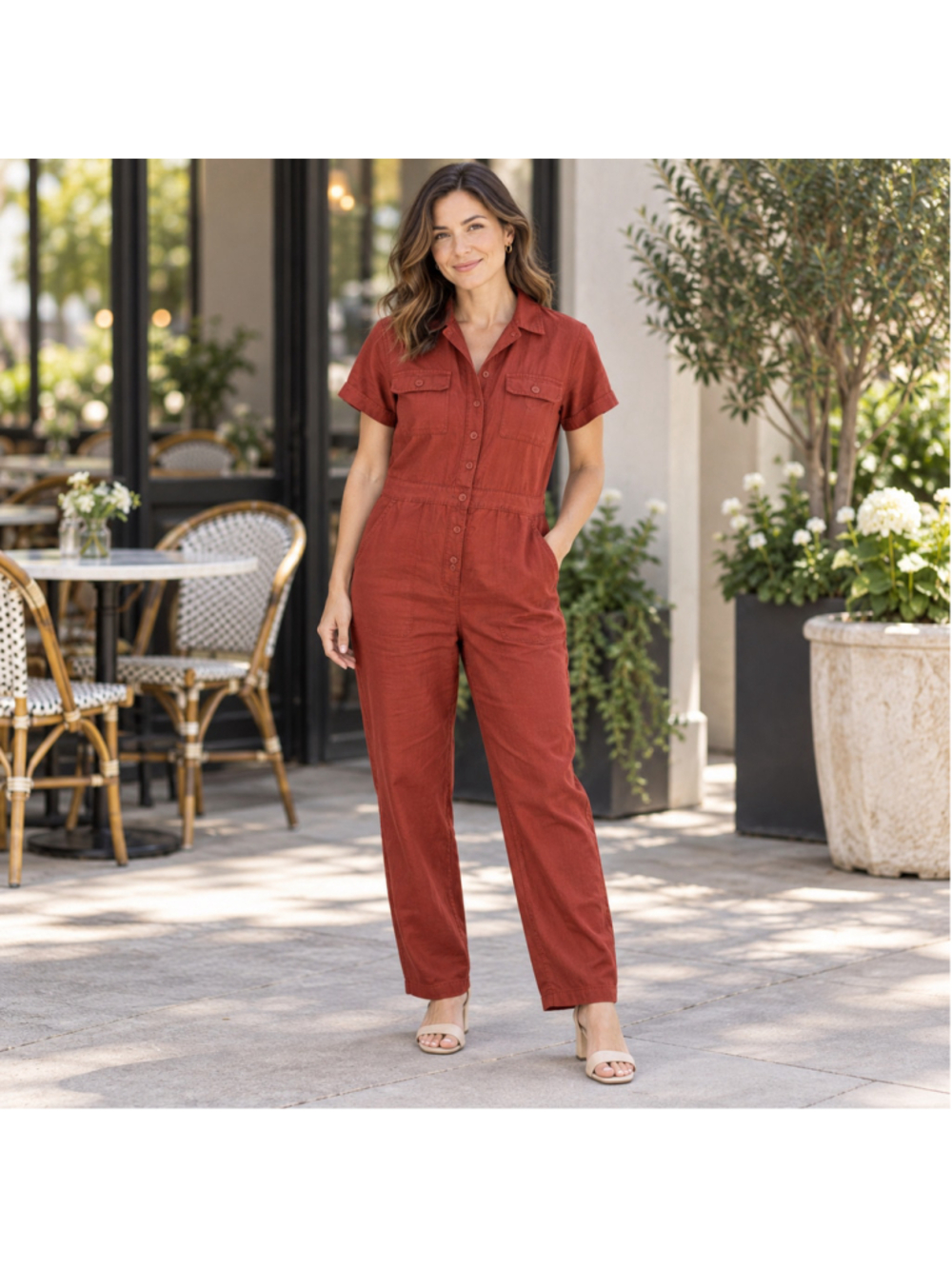 Quince Linen Organic Cotton Utility Jumpsuit Terracotta Size M